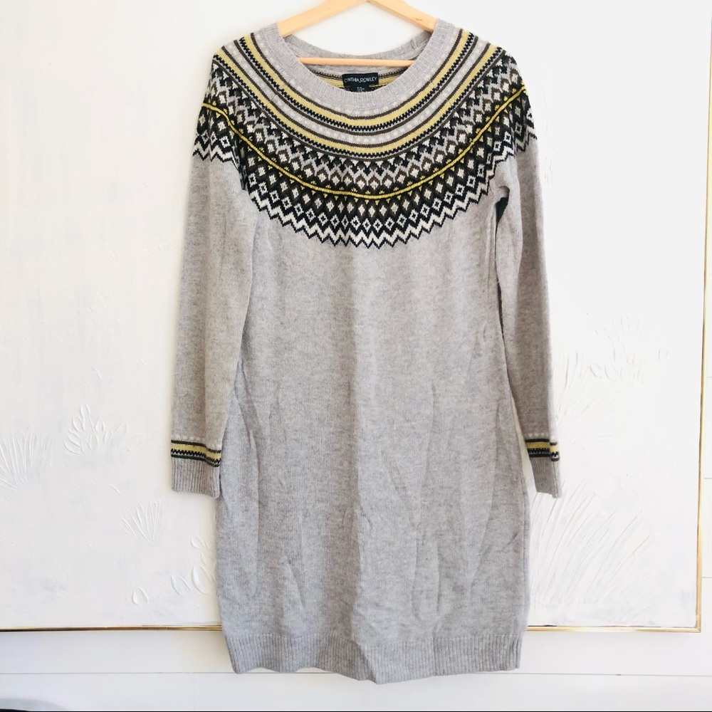 Cynthia Rowley Wool Blend Grey Fair Isle Sweater Dress - Women's M